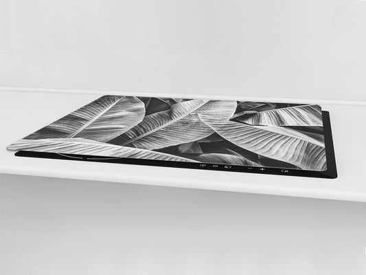 Gigantic Worktop saver and Pastry Board - Tempered GLASS Cutting Board - MEASURES: SINGLE: 80 x 52 cm; DOUBLE: 40 x 52 cm; DD44 Nature series : Black and white banana leaves