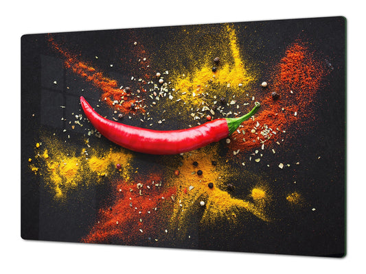 GIGANTIC CUTTING BOARD and Cooktop Cover - Glass Kitchen Board;SINGLE: 80 x 52 cm (31,5” x 20,47”); DOUBLE: 40 x 52 cm (15,75” x 20,47”); DD48 Herbs and spices Series : Chilli pepper