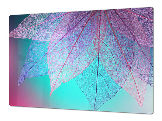 Gigantic Worktop saver and Pastry Board - Tempered GLASS Cutting Board - MEASURES: SINGLE: 80 x 52 cm; DOUBLE: 40 x 52 cm; DD44 Nature series : Transparent turqoise leaves