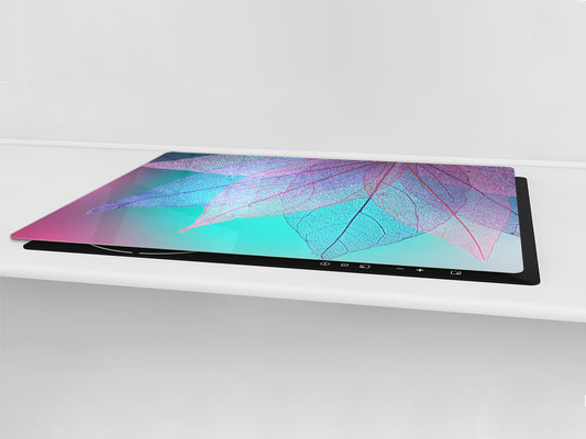 Gigantic Worktop saver and Pastry Board - Tempered GLASS Cutting Board - MEASURES: SINGLE: 80 x 52 cm; DOUBLE: 40 x 52 cm; DD44 Nature series : Transparent turqoise leaves