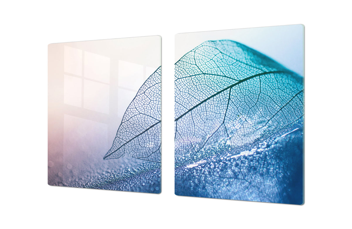 Gigantic Worktop saver and Pastry Board - Tempered GLASS Cutting Board - MEASURES: SINGLE: 80 x 52 cm; DOUBLE: 40 x 52 cm; DD44 Nature series : Transparent blue leaf