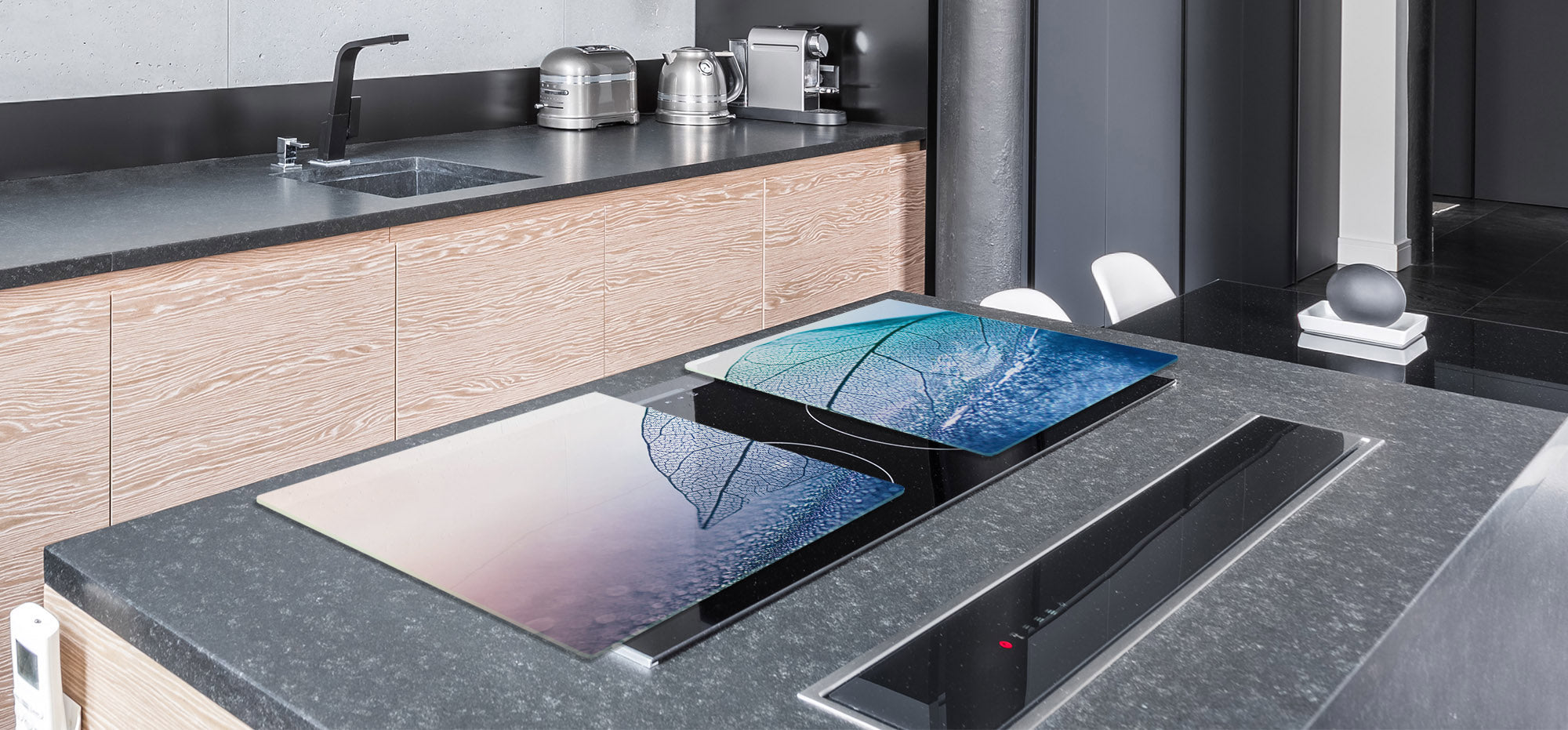 Gigantic Worktop saver and Pastry Board - Tempered GLASS Cutting Board - MEASURES: SINGLE: 80 x 52 cm; DOUBLE: 40 x 52 cm; DD44 Nature series : Transparent blue leaf