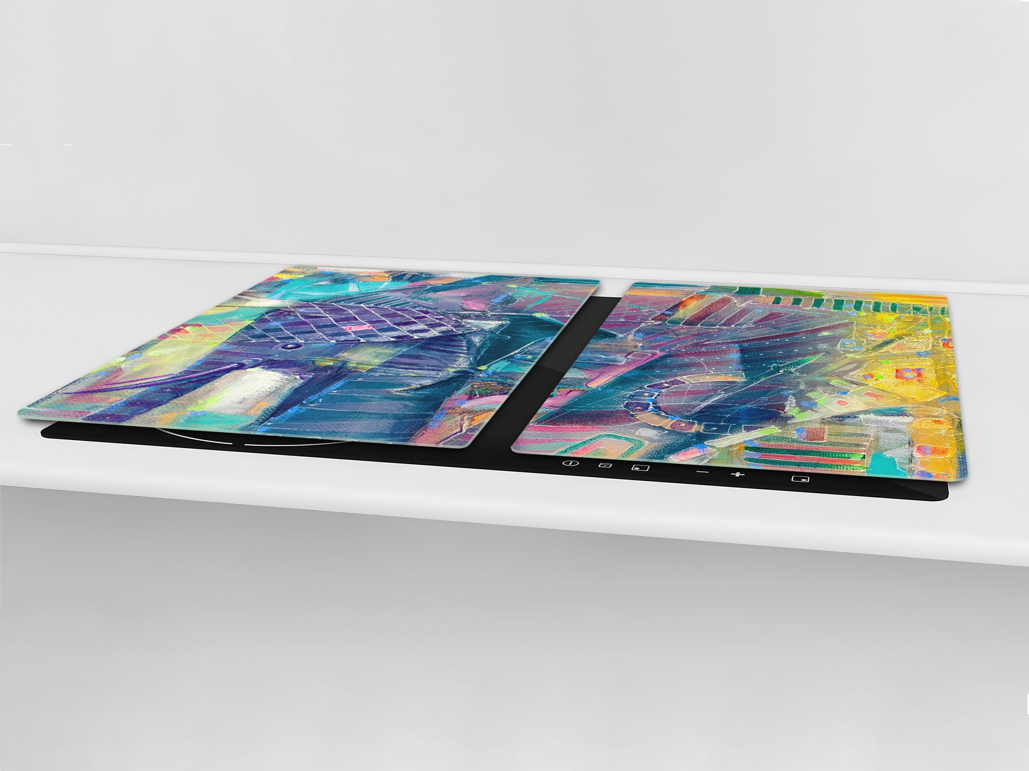 UNIQUE Tempered GLASS Kitchen Board – Impact & Scratch Resistant Cooktop cover – SINGLE: 80 x 52 cm; DOUBLE: 40 x 52 cm; DD45 Art Series : Abstract Indian elephant