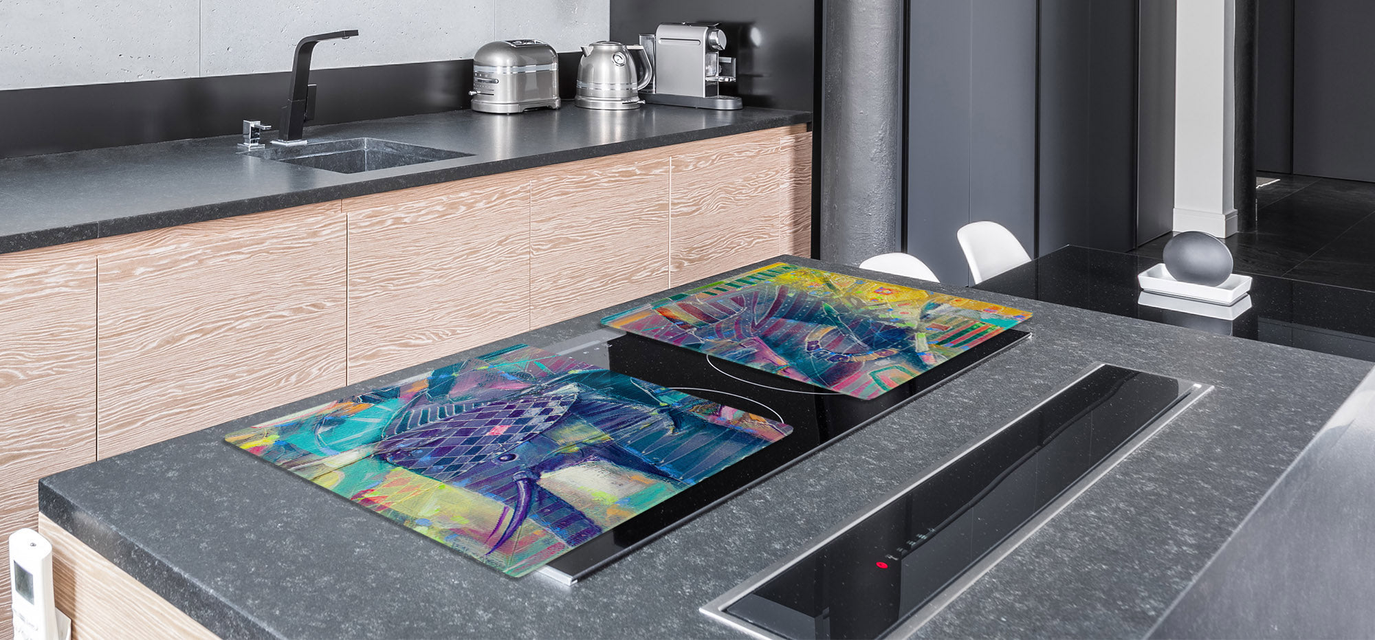 UNIQUE Tempered GLASS Kitchen Board – Impact & Scratch Resistant Cooktop cover – SINGLE: 80 x 52 cm; DOUBLE: 40 x 52 cm; DD45 Art Series : Abstract Indian elephant