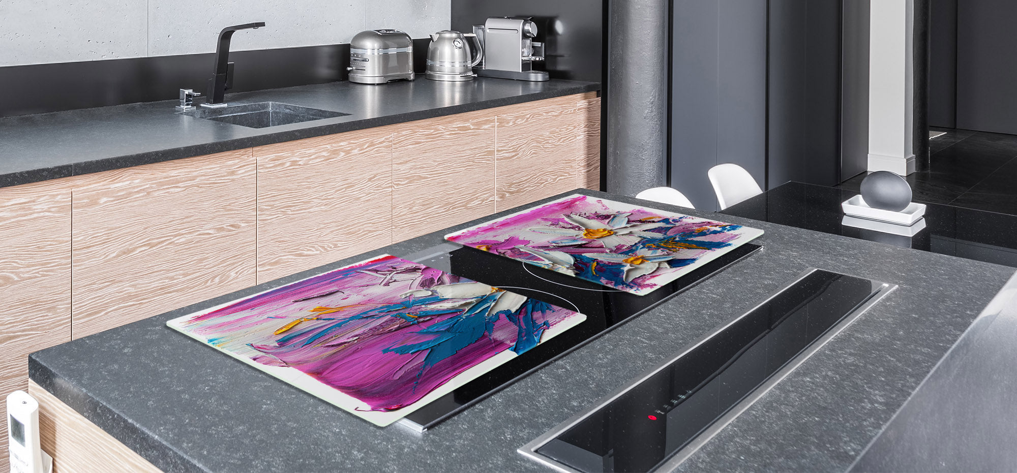 UNIQUE Tempered GLASS Kitchen Board – Impact & Scratch Resistant Cooktop cover – SINGLE: 80 x 52 cm; DOUBLE: 40 x 52 cm; DD45 Art Series : Bouquet of flowers