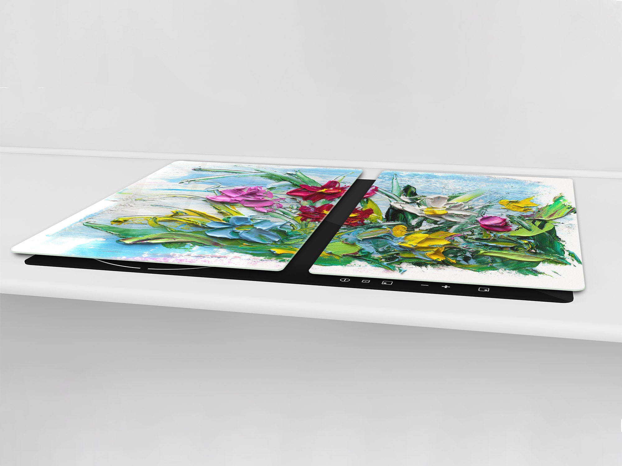 UNIQUE Tempered GLASS Kitchen Board – Impact & Scratch Resistant Cooktop cover – SINGLE: 80 x 52 cm; DOUBLE: 40 x 52 cm; DD45 Art Series : Bouquet of flowers 2