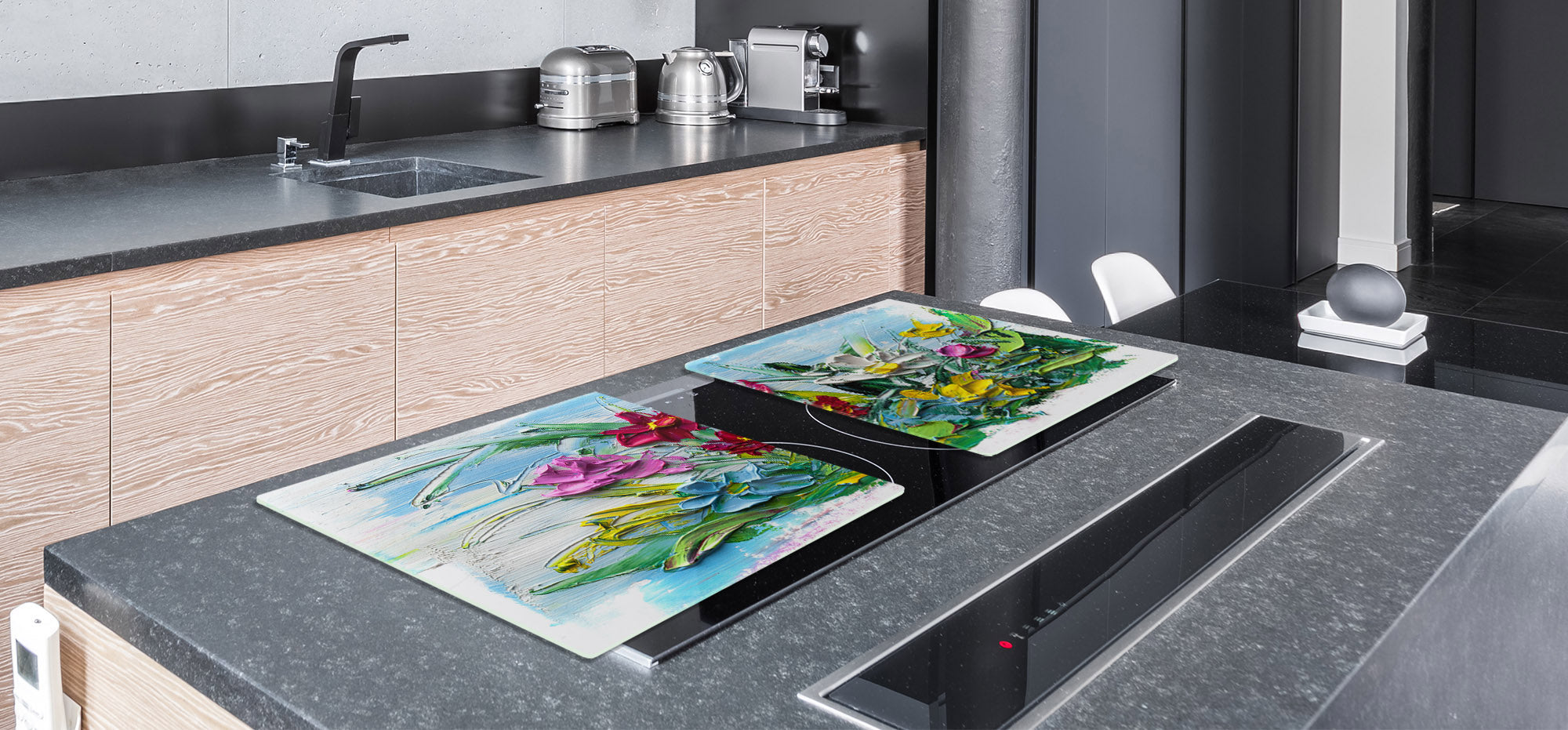 UNIQUE Tempered GLASS Kitchen Board – Impact & Scratch Resistant Cooktop cover – SINGLE: 80 x 52 cm; DOUBLE: 40 x 52 cm; DD45 Art Series : Bouquet of flowers 2