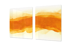 UNIQUE Tempered GLASS Kitchen Board – Impact & Scratch Resistant Cooktop cover – SINGLE: 80 x 52 cm; DOUBLE: 40 x 52 cm; DD45 Art Series : Orange watercolour