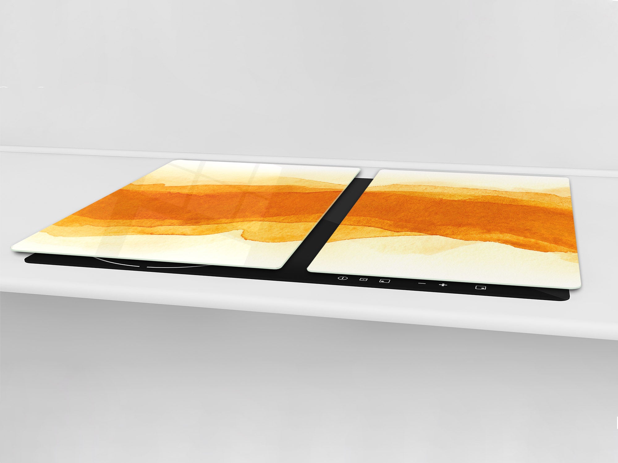 UNIQUE Tempered GLASS Kitchen Board – Impact & Scratch Resistant Cooktop cover – SINGLE: 80 x 52 cm; DOUBLE: 40 x 52 cm; DD45 Art Series : Orange watercolour