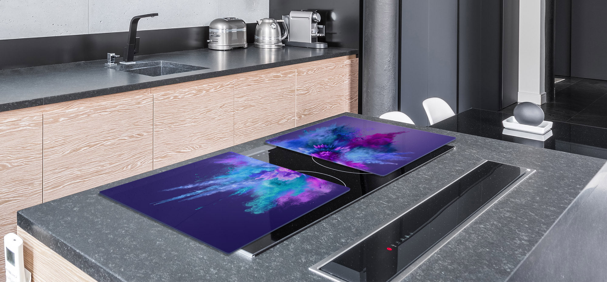 UNIQUE Tempered GLASS Kitchen Board – Impact & Scratch Resistant Cooktop cover – SINGLE: 80 x 52 cm; DOUBLE: 40 x 52 cm; DD45 Art Series : Colour explosion 1