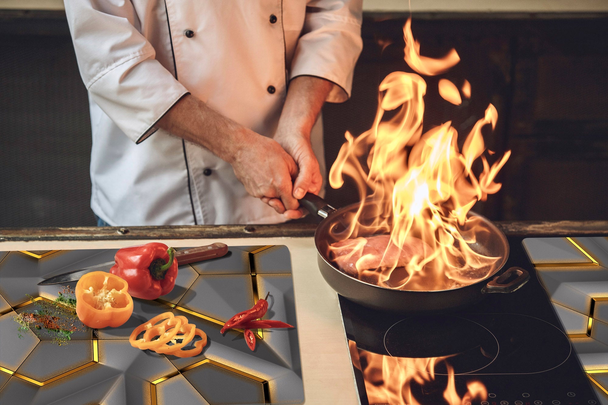 Pedido especial: Tablero de cocina de VIDRIO templado - Cubierta de estufa resistente a impactos y rayones - 80x60cm - Esquinas CUADRADAS - DD39 Serie Colorful Variety: Módulos geométricos brillantes