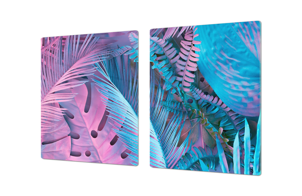 Gigantic Worktop saver and Pastry Board - Tempered GLASS Cutting Board - MEASURES: SINGLE: 80 x 52 cm; DOUBLE: 40 x 52 cm; DD44 Nature series : Neon tropical leaves