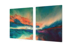 UNIQUE Tempered GLASS Kitchen Board – Impact & Scratch Resistant Cooktop cover – SINGLE: 80 x 52 cm; DOUBLE: 40 x 52 cm; DD45 Art Series : Colourful sunset