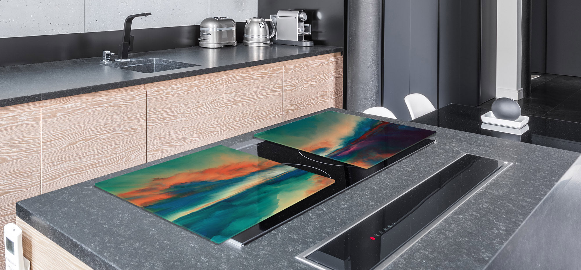 UNIQUE Tempered GLASS Kitchen Board – Impact & Scratch Resistant Cooktop cover – SINGLE: 80 x 52 cm; DOUBLE: 40 x 52 cm; DD45 Art Series : Colourful sunset