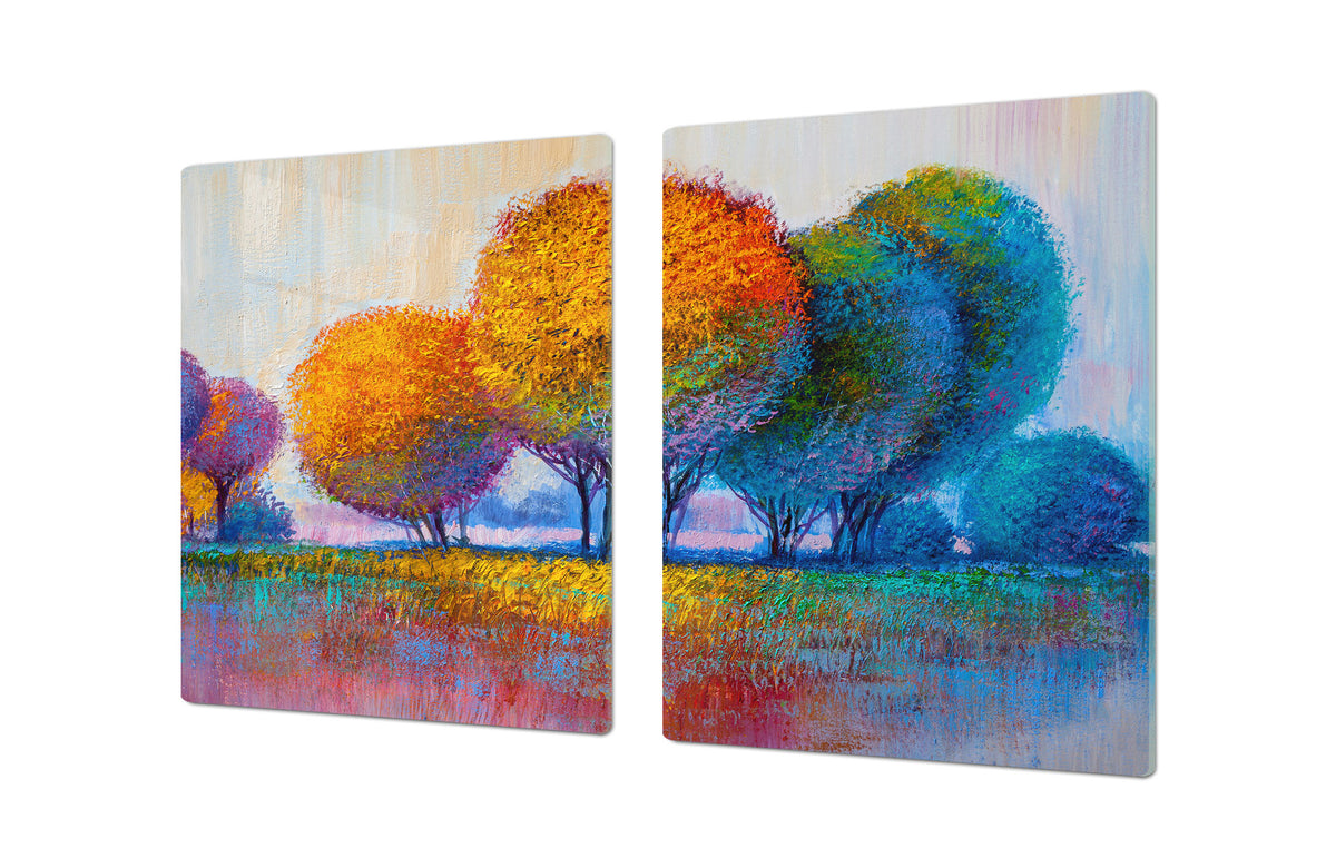 UNIQUE Tempered GLASS Kitchen Board – Impact & Scratch Resistant Cooktop cover – SINGLE: 80 x 52 cm; DOUBLE: 40 x 52 cm; DD45 Art Series : Colourful trees 1