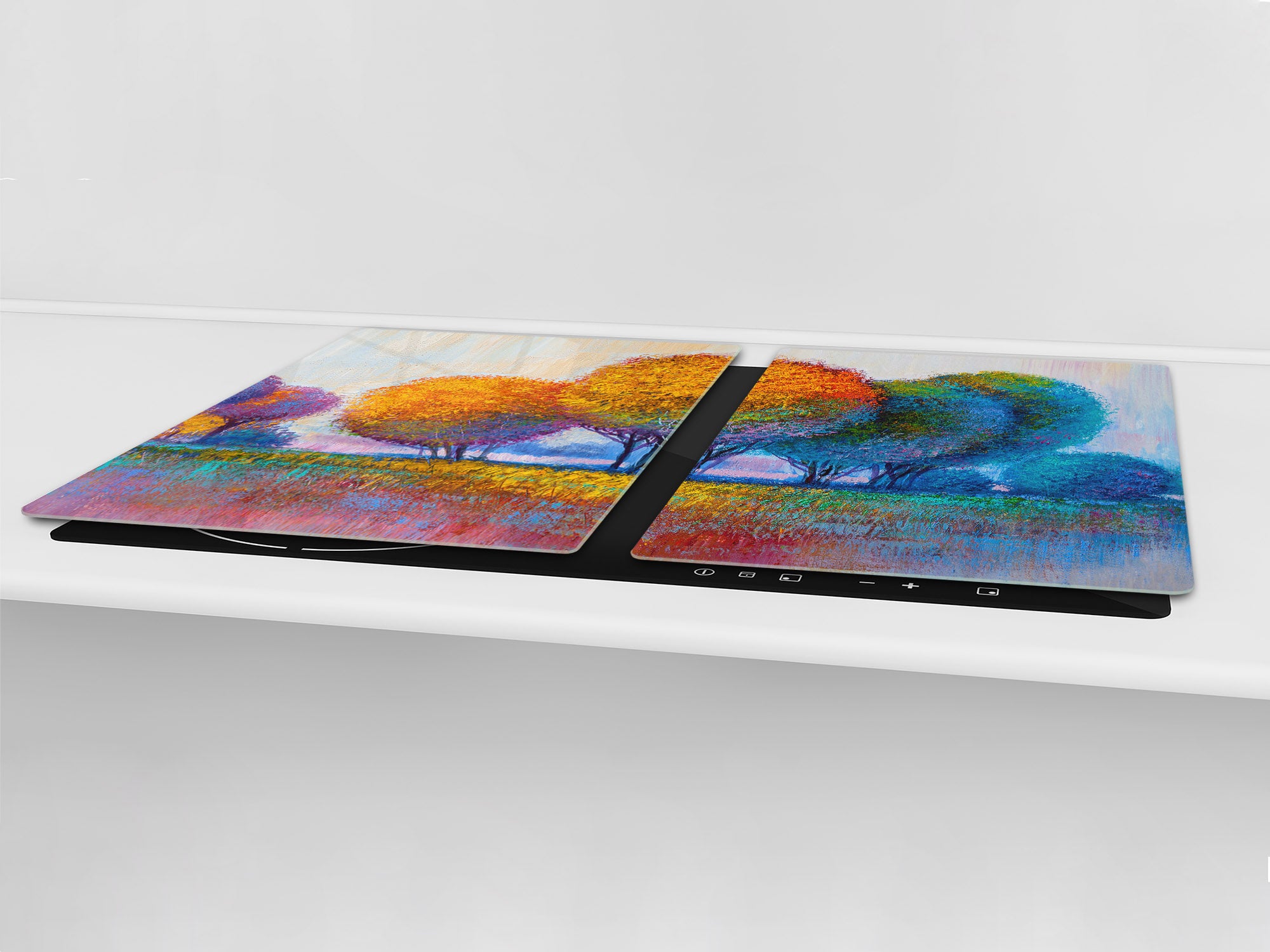 UNIQUE Tempered GLASS Kitchen Board – Impact & Scratch Resistant Cooktop cover – SINGLE: 80 x 52 cm; DOUBLE: 40 x 52 cm; DD45 Art Series : Colourful trees 1