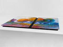 UNIQUE Tempered GLASS Kitchen Board – Impact & Scratch Resistant Cooktop cover – SINGLE: 80 x 52 cm; DOUBLE: 40 x 52 cm; DD45 Art Series : Colourful trees 1