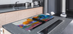 UNIQUE Tempered GLASS Kitchen Board – Impact & Scratch Resistant Cooktop cover – SINGLE: 80 x 52 cm; DOUBLE: 40 x 52 cm; DD45 Art Series : Colourful trees 1