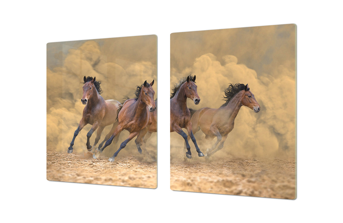 BIG KITCHEN BOARD & Induction Cooktop Cover – Glass Pastry Board – SINGLE: 80 x 52 cm (31,5” x 20,47”); DOUBLE: 40 x 52 cm (15,75” x 20,47”); DD47 Animals Series : Galloping horses