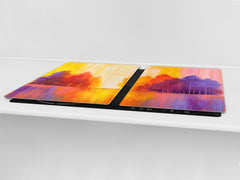 UNIQUE Tempered GLASS Kitchen Board – Impact & Scratch Resistant Cooktop cover – SINGLE: 80 x 52 cm; DOUBLE: 40 x 52 cm; DD45 Art Series : Colourful trees 2