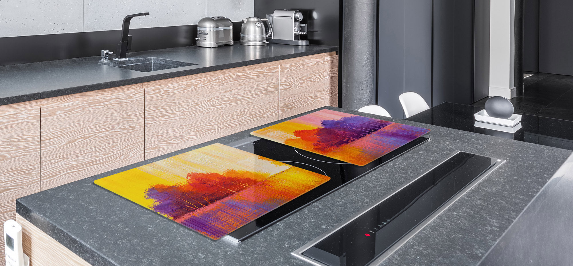 UNIQUE Tempered GLASS Kitchen Board – Impact & Scratch Resistant Cooktop cover – SINGLE: 80 x 52 cm; DOUBLE: 40 x 52 cm; DD45 Art Series : Colourful trees 2