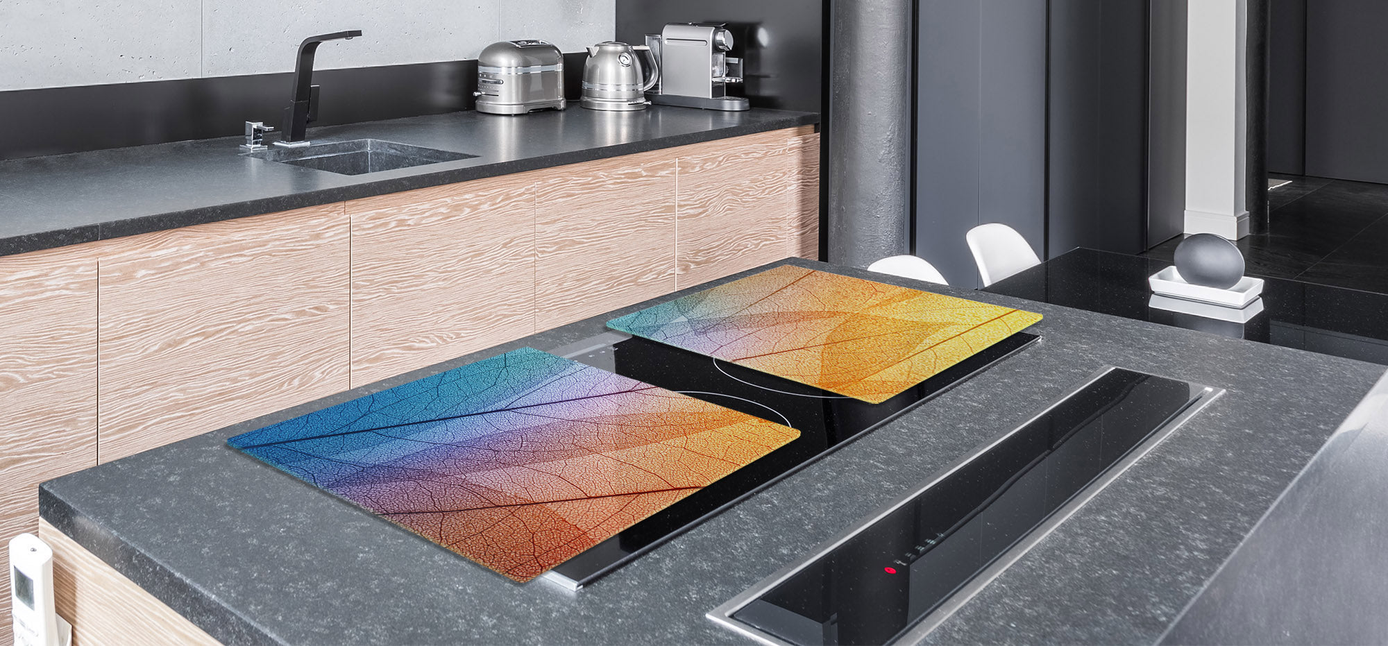 Gigantic Worktop saver and Pastry Board - Tempered GLASS Cutting Board - MEASURES: SINGLE: 80 x 52 cm; DOUBLE: 40 x 52 cm; DD44 Nature series : Colourful transparent leaves