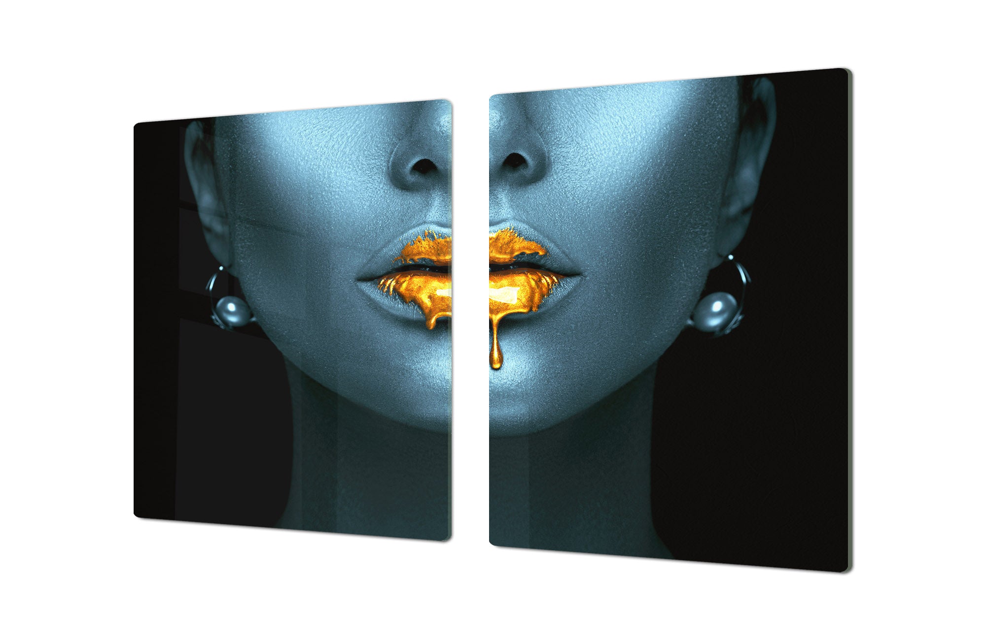 UNIQUE Tempered GLASS Kitchen Board – Impact & Scratch Resistant Cooktop cover – SINGLE: 80 x 52 cm; DOUBLE: 40 x 52 cm; DD45 Art Series : Golden lips 2