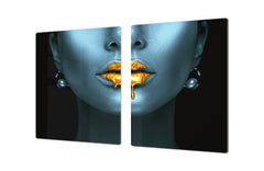 UNIQUE Tempered GLASS Kitchen Board – Impact & Scratch Resistant Cooktop cover – SINGLE: 80 x 52 cm; DOUBLE: 40 x 52 cm; DD45 Art Series : Golden lips 2