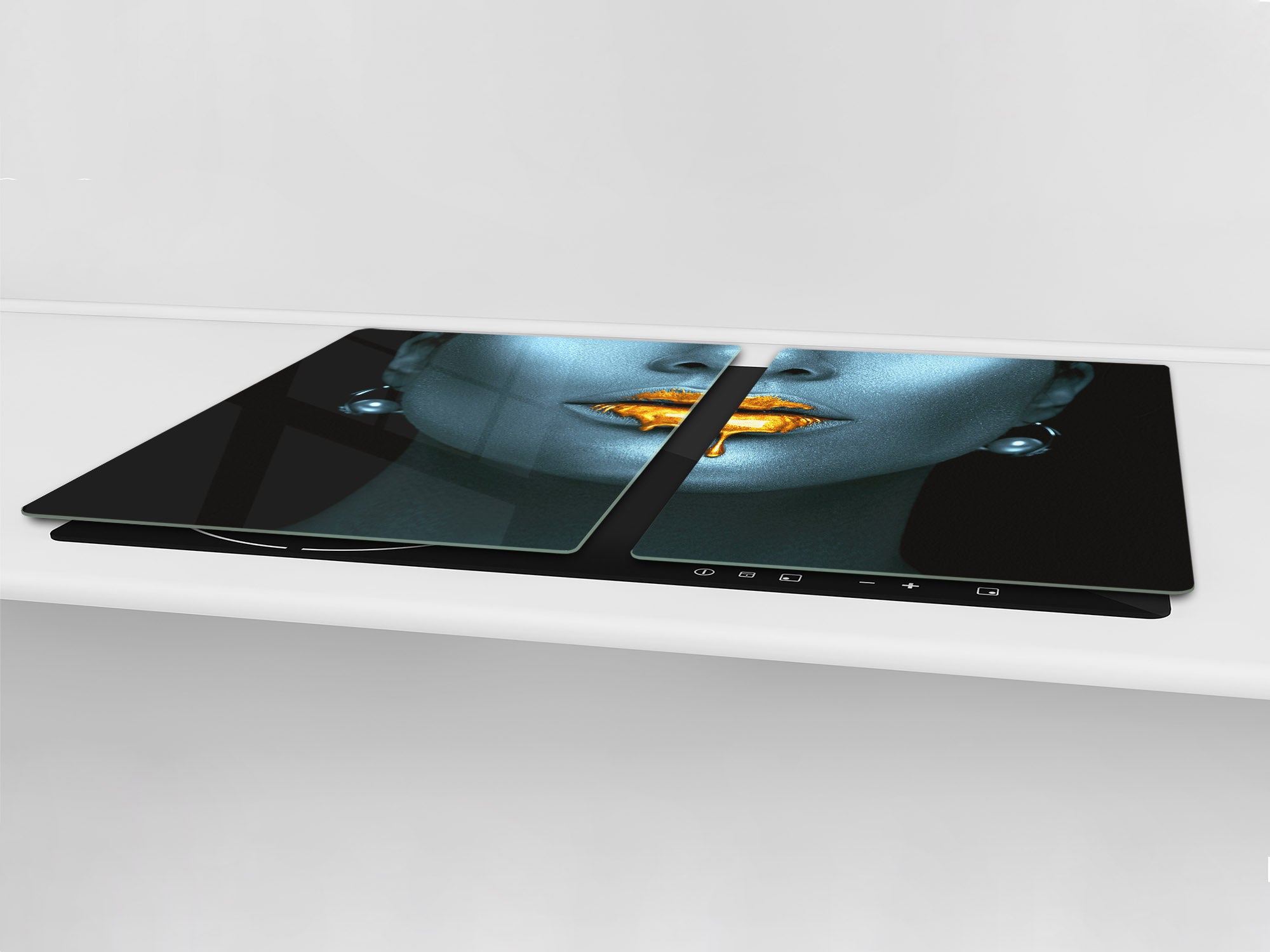 UNIQUE Tempered GLASS Kitchen Board – Impact & Scratch Resistant Cooktop cover – SINGLE: 80 x 52 cm; DOUBLE: 40 x 52 cm; DD45 Art Series : Golden lips 2