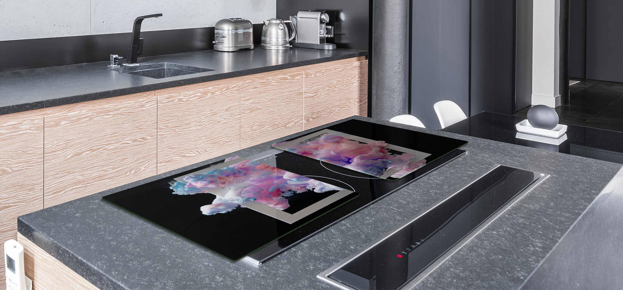 UNIQUE Tempered GLASS Kitchen Board – Impact & Scratch Resistant Cooktop cover – SINGLE: 80 x 52 cm; DOUBLE: 40 x 52 cm; DD45 Art Series : Minimal luxury 2