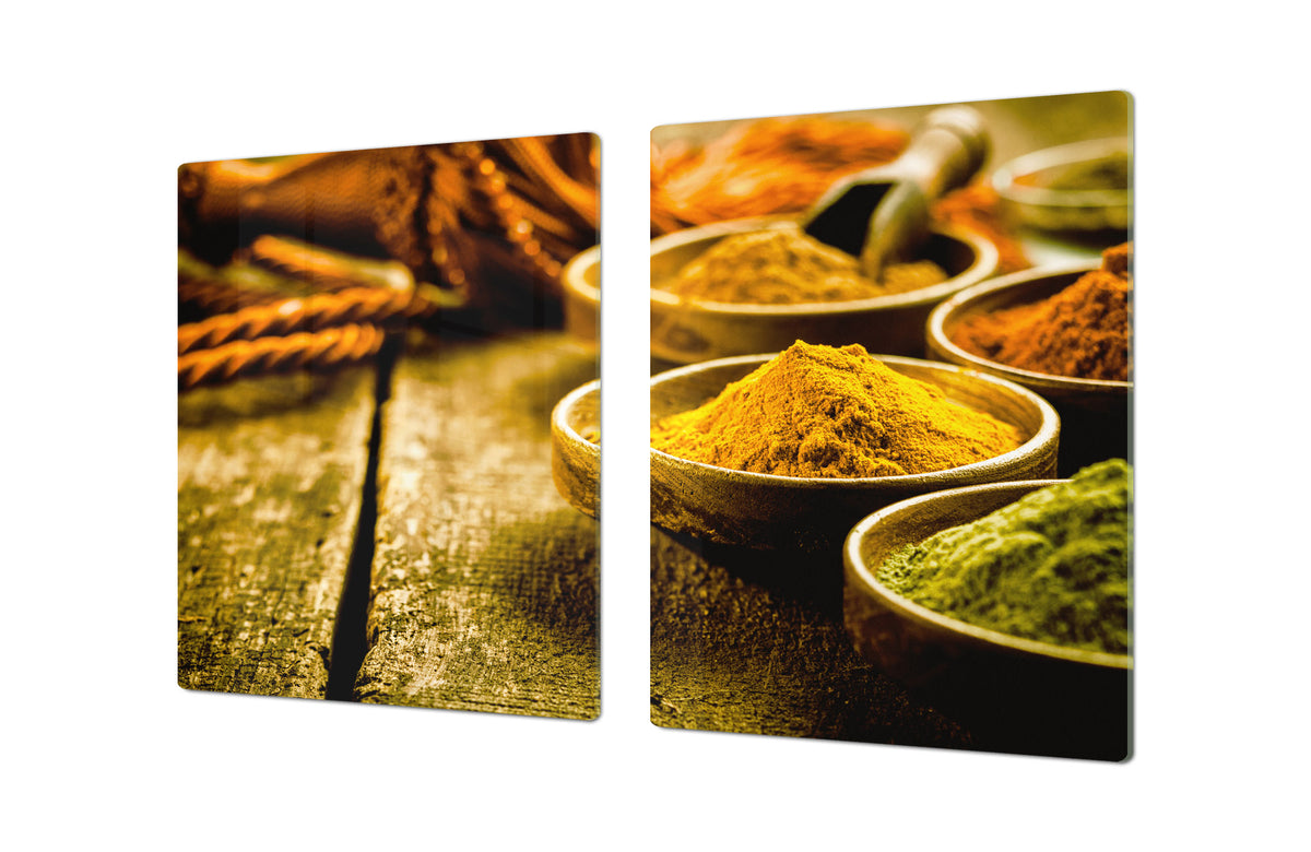 GIGANTIC CUTTING BOARD and Cooktop Cover - Glass Kitchen Board;SINGLE: 80 x 52 cm (31,5” x 20,47”); DOUBLE: 40 x 52 cm (15,75” x 20,47”); DD48 Herbs and spices Series : Curry powder