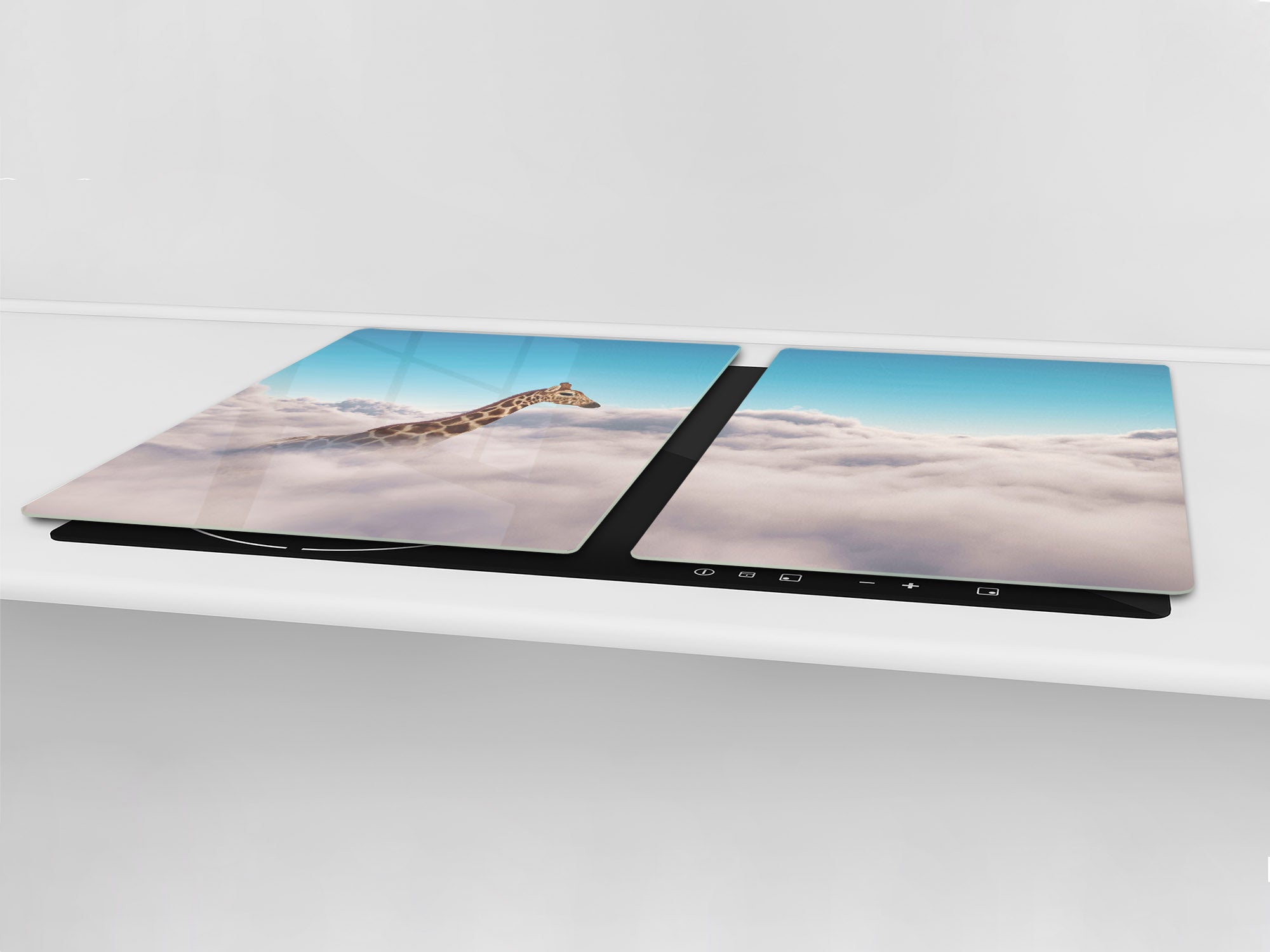 ENORMOUS  Tempered GLASS Chopping Board - Induction Cooktop Cover – SINGLE: 80 x 52 cm; DOUBLE: 40 x 52 cm; DD51 : Giraffe above Clouds