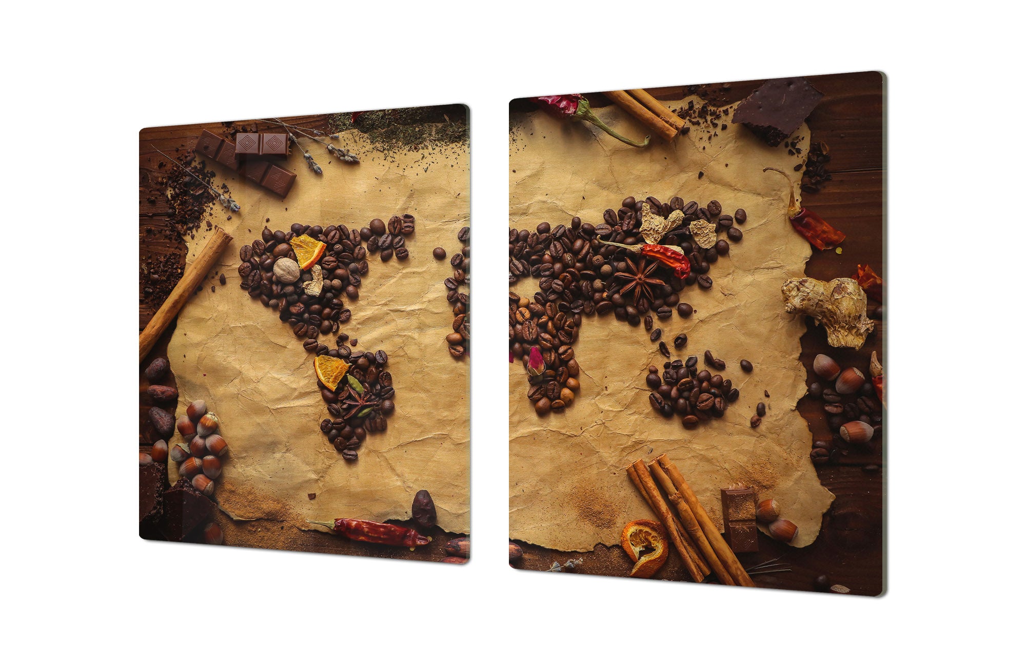 GIGANTIC CUTTING BOARD and Cooktop Cover - Glass Kitchen Board;SINGLE: 80 x 52 cm (31,5” x 20,47”); DOUBLE: 40 x 52 cm (15,75” x 20,47”); DD48 Herbs and spices Series : Coffee world map