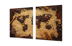 GIGANTIC CUTTING BOARD and Cooktop Cover - Glass Kitchen Board;SINGLE: 80 x 52 cm (31,5” x 20,47”); DOUBLE: 40 x 52 cm (15,75” x 20,47”); DD48 Herbs and spices Series : Coffee world map