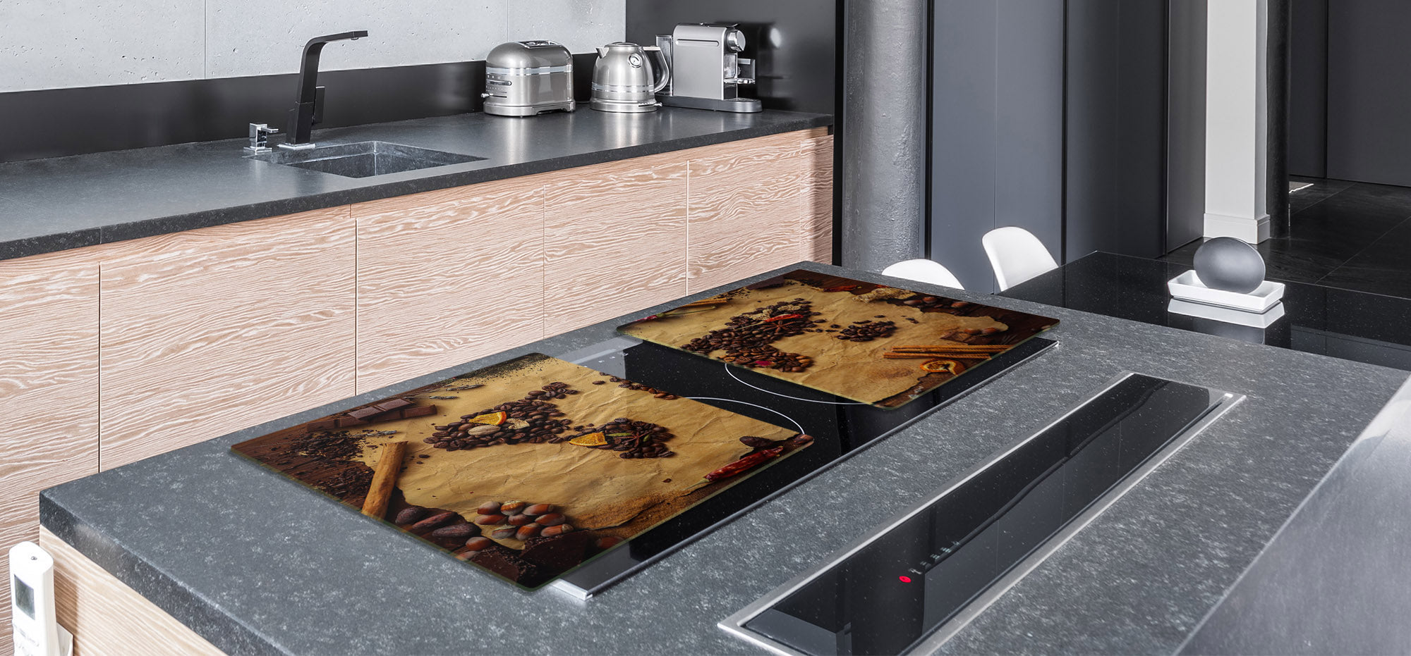 GIGANTIC CUTTING BOARD and Cooktop Cover - Glass Kitchen Board;SINGLE: 80 x 52 cm (31,5” x 20,47”); DOUBLE: 40 x 52 cm (15,75” x 20,47”); DD48 Herbs and spices Series : Coffee world map
