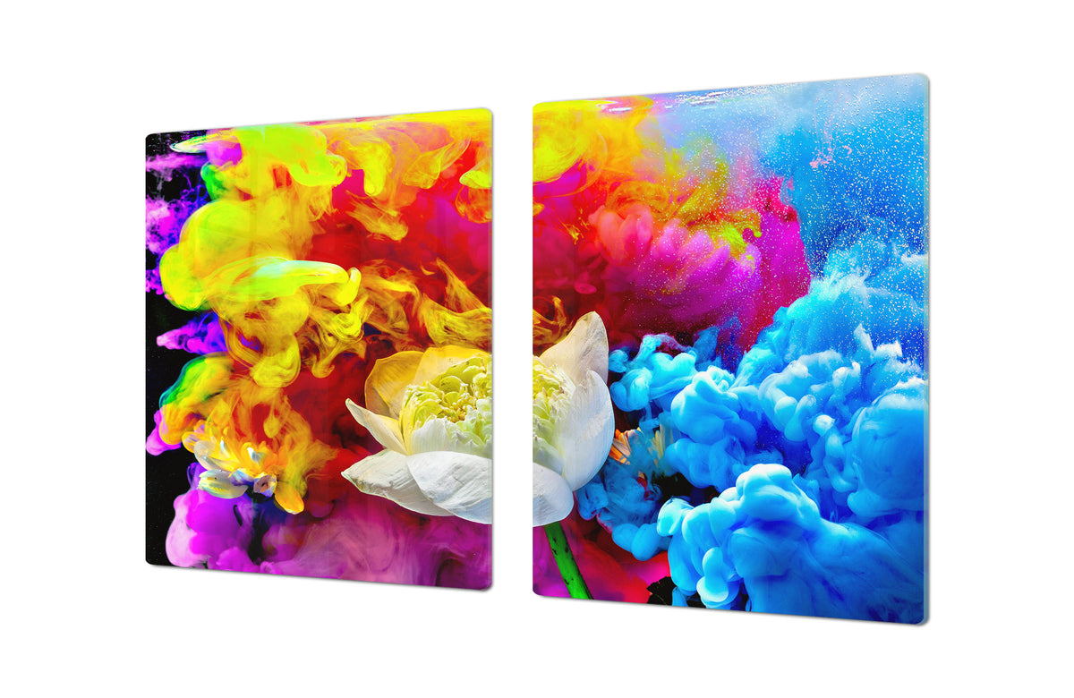 UNIQUE Tempered GLASS Kitchen Board – Impact & Scratch Resistant Cooktop cover – SINGLE: 80 x 52 cm; DOUBLE: 40 x 52 cm; DD45 Art Series : Lotus explosion