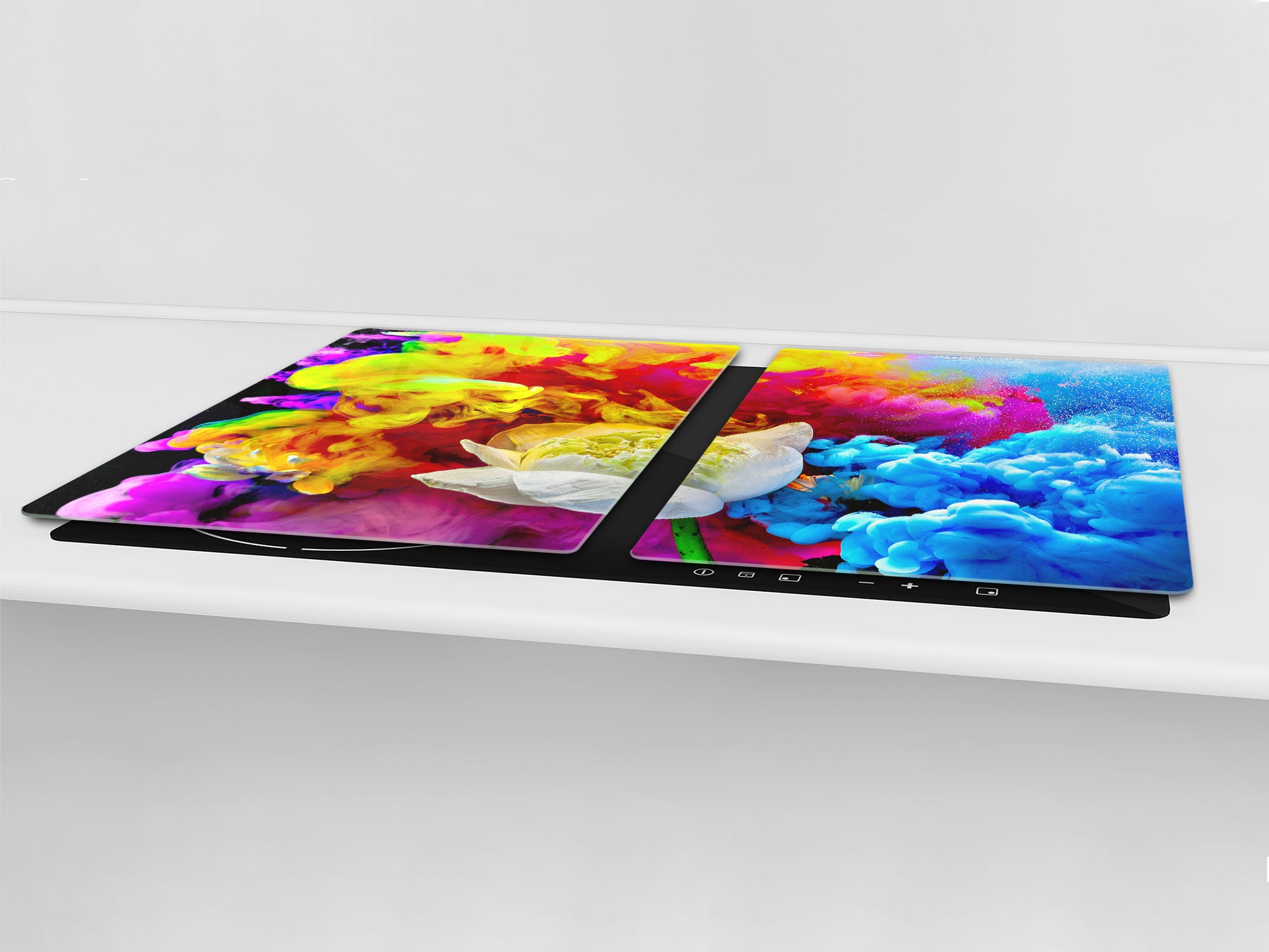UNIQUE Tempered GLASS Kitchen Board – Impact & Scratch Resistant Cooktop cover – SINGLE: 80 x 52 cm; DOUBLE: 40 x 52 cm; DD45 Art Series : Lotus explosion