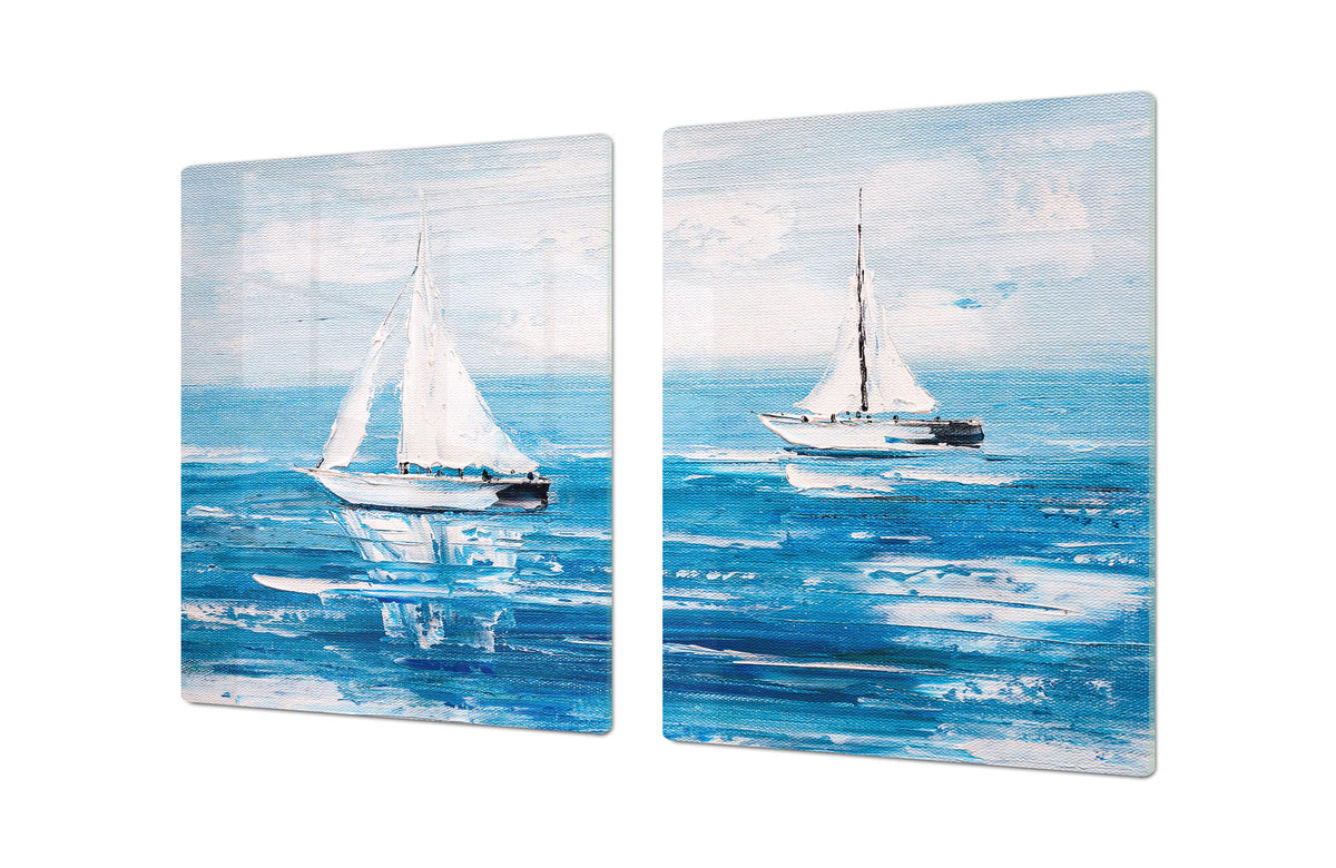 ENORMOUS  Tempered GLASS Chopping Board - Induction Cooktop Cover – SINGLE: 80 x 52 cm; DOUBLE: 40 x 52 cm; DD53 : Sailing Boats