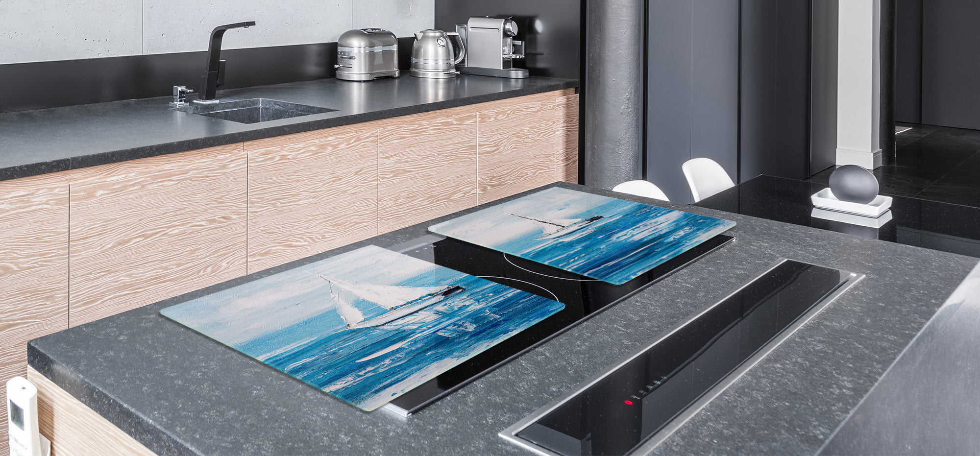 ENORMOUS  Tempered GLASS Chopping Board - Induction Cooktop Cover – SINGLE: 80 x 52 cm; DOUBLE: 40 x 52 cm; DD53 : Sailing Boats
