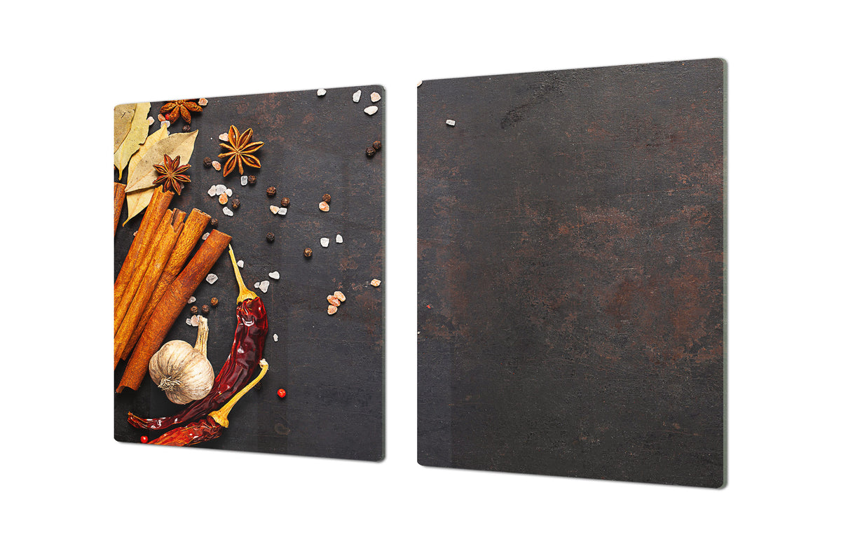 GIGANTIC CUTTING BOARD and Cooktop Cover - Glass Kitchen Board;SINGLE: 80 x 52 cm (31,5” x 20,47”); DOUBLE: 40 x 52 cm (15,75” x 20,47”); DD48 Herbs and spices Series : Cinnamon sticks