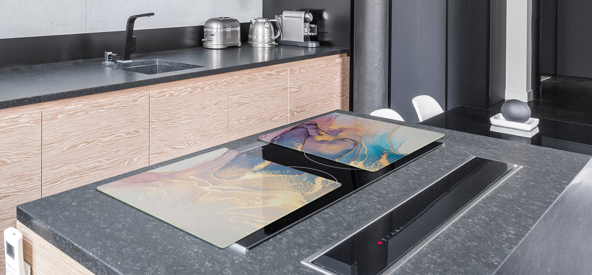 UNIQUE Tempered GLASS Kitchen Board – Impact & Scratch Resistant Cooktop cover – SINGLE: 80 x 52 cm; DOUBLE: 40 x 52 cm; DD45 Art Series : Liquid colours 1
