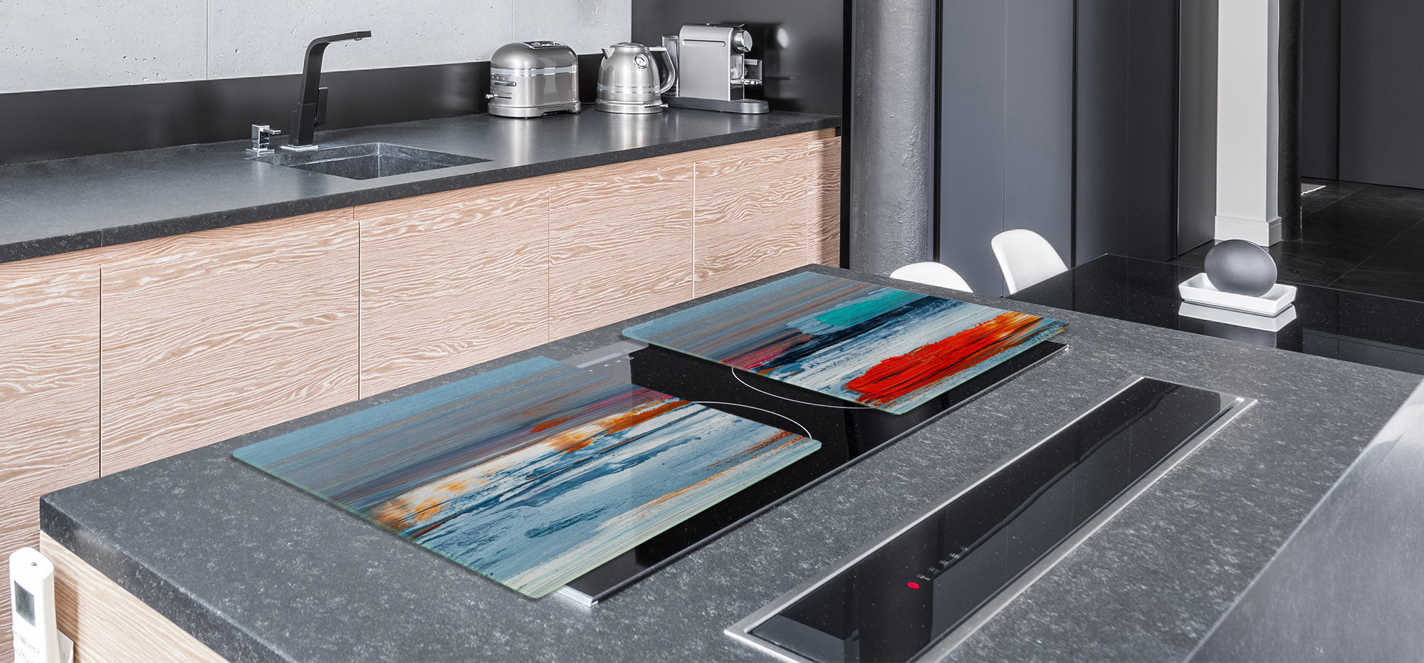 UNIQUE Tempered GLASS Kitchen Board – Impact & Scratch Resistant Cooktop cover – SINGLE: 80 x 52 cm; DOUBLE: 40 x 52 cm; DD45 Art Series : Abstract art oil painting