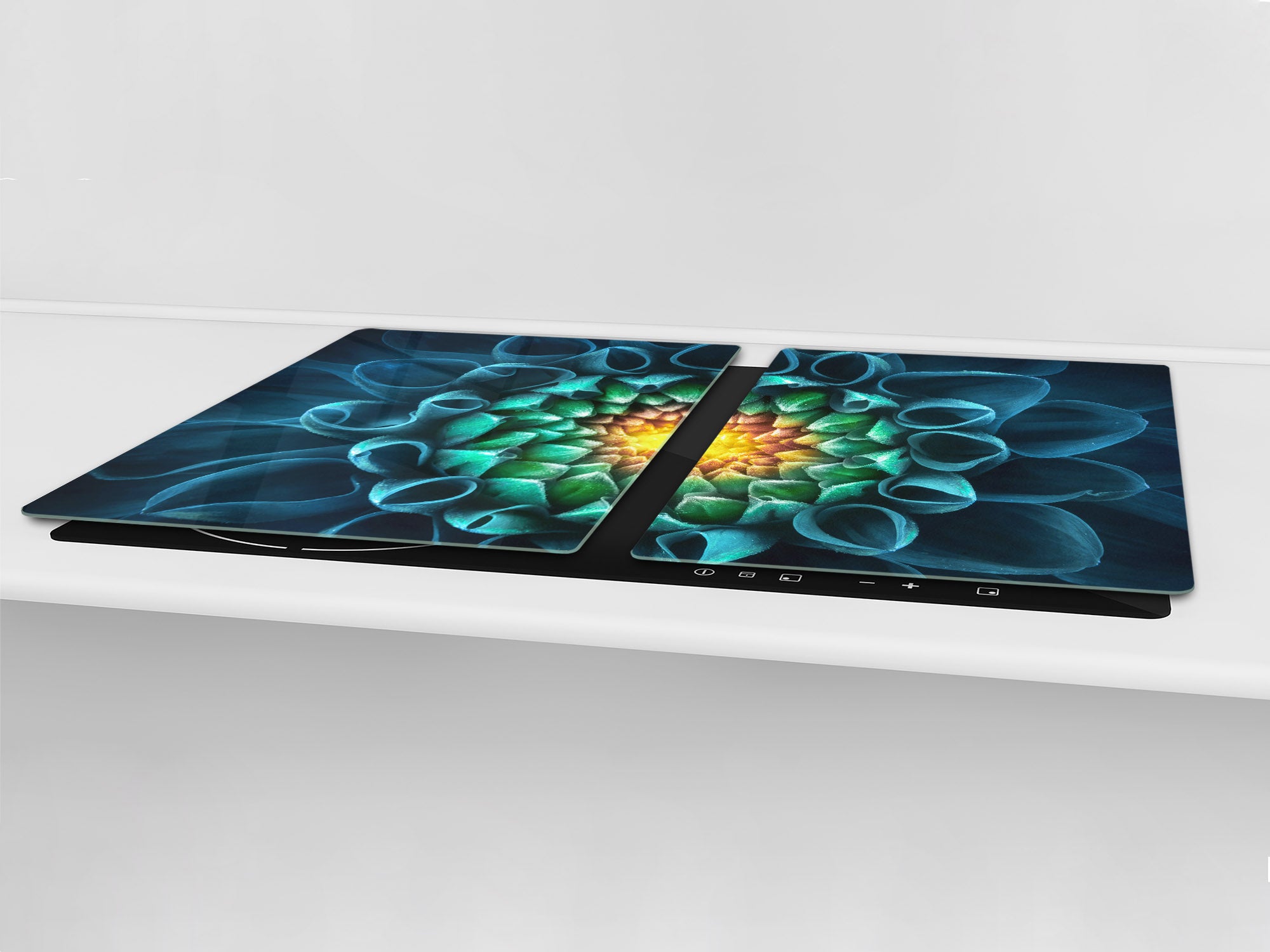 Gigantic Worktop saver and Pastry Board - Tempered GLASS Cutting Board - MEASURES: SINGLE: 80 x 52 cm; DOUBLE: 40 x 52 cm; DD44 Nature series : Blue-green flower