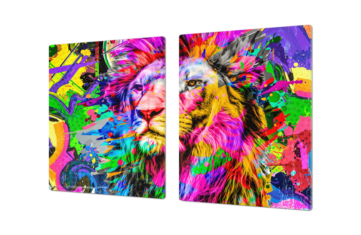 BIG KITCHEN BOARD & Induction Cooktop Cover – Glass Pastry Board – SINGLE: 80 x 52 cm (31,5” x 20,47”); DOUBLE: 40 x 52 cm (15,75” x 20,47”); DD47 Animals Series : Colourful lion