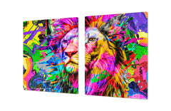 BIG KITCHEN BOARD & Induction Cooktop Cover – Glass Pastry Board – SINGLE: 80 x 52 cm (31,5” x 20,47”); DOUBLE: 40 x 52 cm (15,75” x 20,47”); DD47 Animals Series : Colourful lion