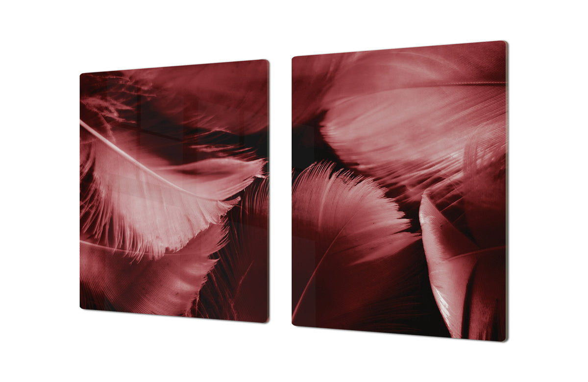 HUGE TEMPERED GLASS COOKTOP COVER – Glass Cutting Board and Worktop Saver – SINGLE: 80 x 52 cm (31,5” x 20,47”); DOUBLE: 40 x 52 cm (15,75” x 20,47”); DD46 Textures Series : White and red feathers
