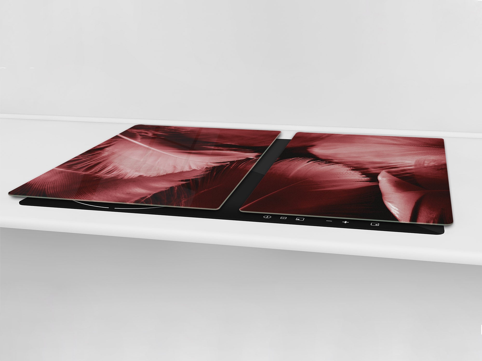 HUGE TEMPERED GLASS COOKTOP COVER – Glass Cutting Board and Worktop Saver – SINGLE: 80 x 52 cm (31,5” x 20,47”); DOUBLE: 40 x 52 cm (15,75” x 20,47”); DD46 Textures Series : White and red feathers