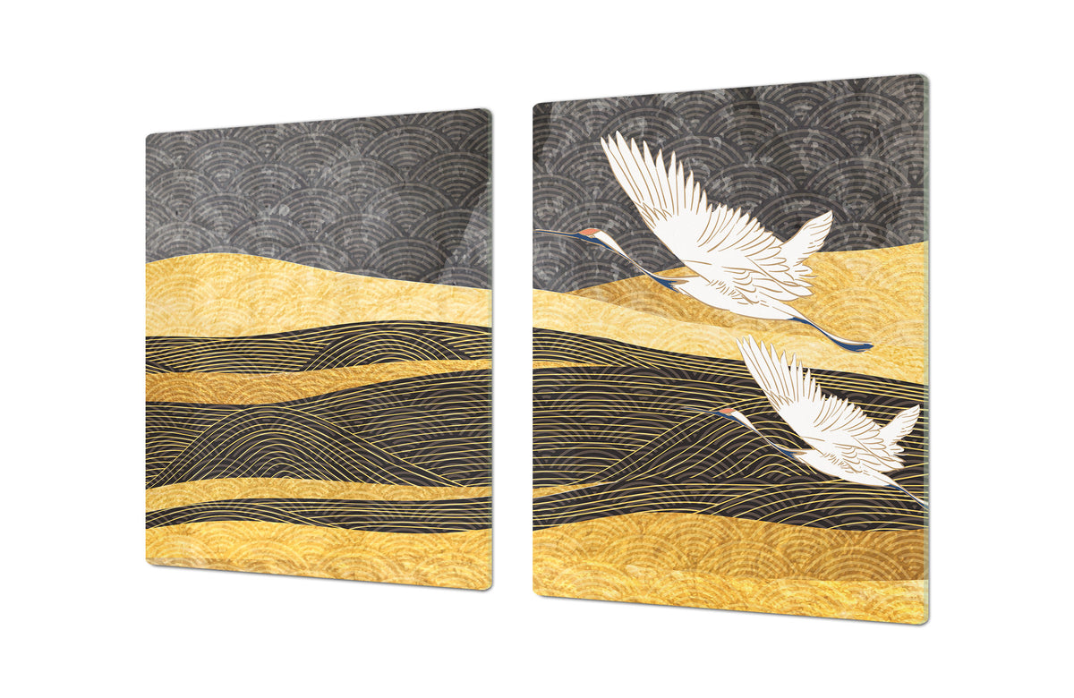 ENORMOUS  Tempered GLASS Chopping Board - Induction Cooktop Cover – SINGLE: 80 x 52 cm; DOUBLE: 40 x 52 cm; DD53 : Japanese Crane Birds