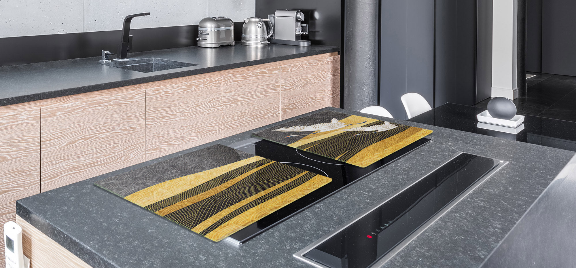 ENORMOUS  Tempered GLASS Chopping Board - Induction Cooktop Cover – SINGLE: 80 x 52 cm; DOUBLE: 40 x 52 cm; DD53 : Japanese Crane Birds