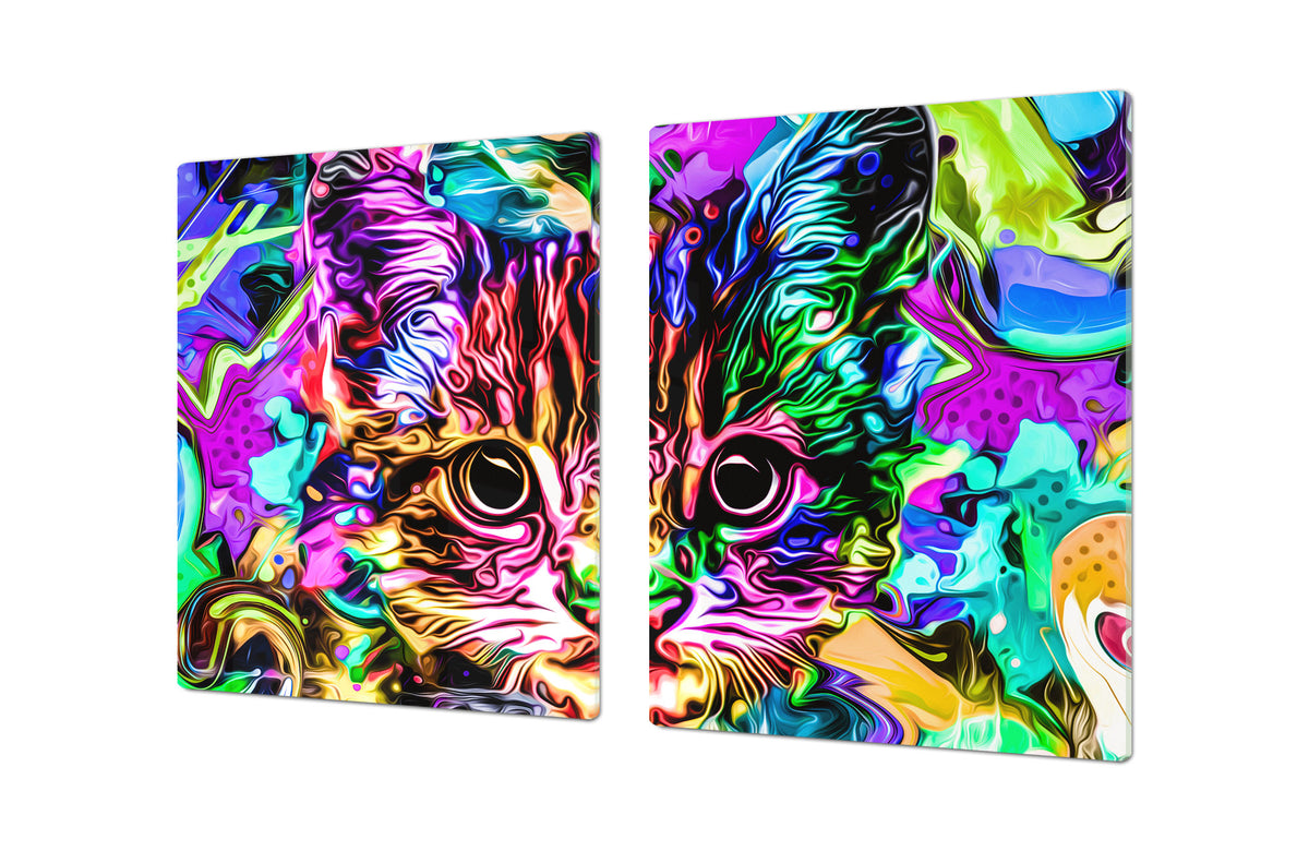 BIG KITCHEN BOARD & Induction Cooktop Cover – Glass Pastry Board – SINGLE: 80 x 52 cm (31,5” x 20,47”); DOUBLE: 40 x 52 cm (15,75” x 20,47”); DD47 Animals Series : Colourful cat